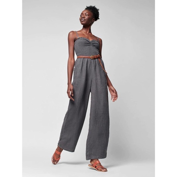 FAHERTY WOMEN GRAY MANDY LINEN SMOCKED WIDE LEG JUMPSUIT SIZE L NWT